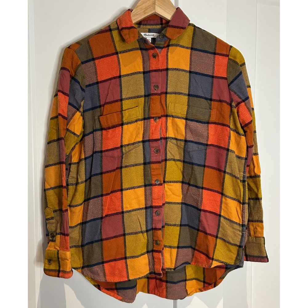 Madewell Womens XXS Plaid Flannel‎ Button Down Shirt Orange Yellow Blue Check